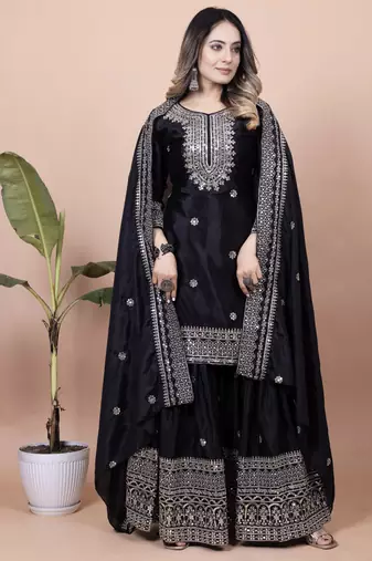 Black festive wear designer chinon sequence embroidery work readymade suit
