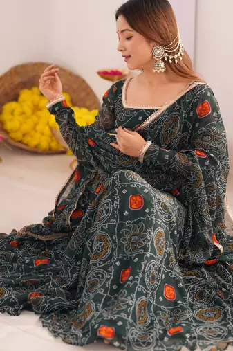 Green festive wear designer pure soft chiffon  readymade suit