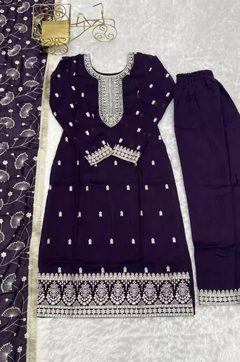 Wine festive wear designer pure blooming rangoli silk embroidery sequence & zari work readymade suit