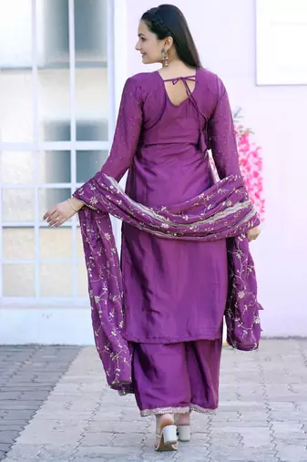 Purple festive wear designer chinon sequence embroidery work & stone work readymade suit