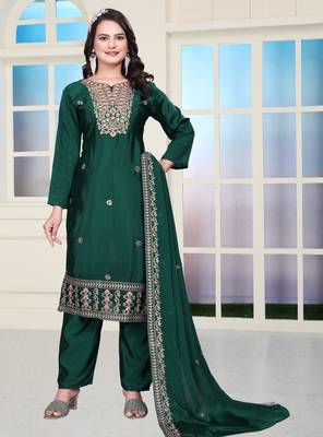 Green festive wear designer chinon coding sequence embroidery work readymade suit 2