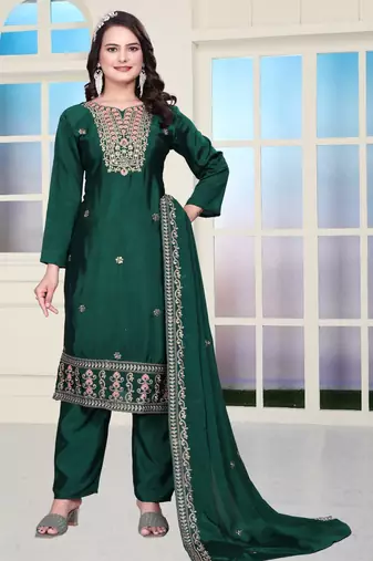 Green festive wear designer chinon coding sequence embroidery work readymade suit