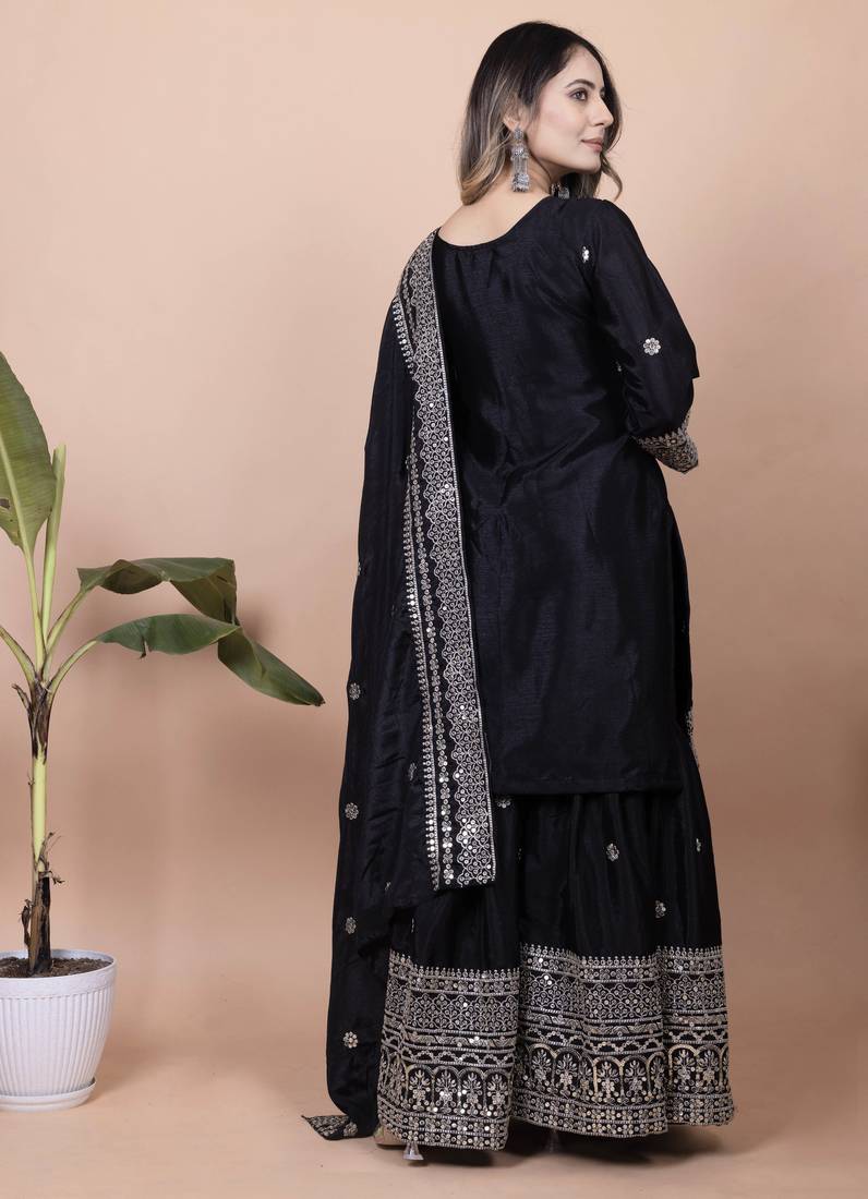 Black festive wear designer chinon sequence embroidery work readymade suit