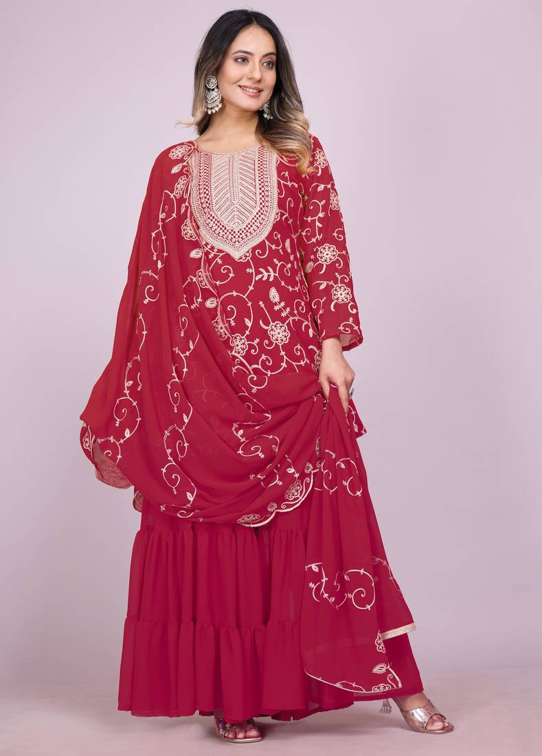 Pink festive wear designer fox georgette embroidered work readymade suit