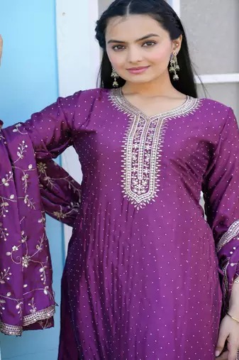 Purple festive wear designer chinon sequence embroidery work & stone work readymade suit