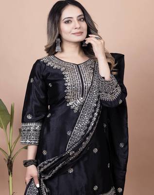 Black festive wear designer chinon sequence embroidery work readymade suit 3