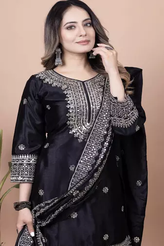 Black festive wear designer chinon sequence embroidery work readymade suit