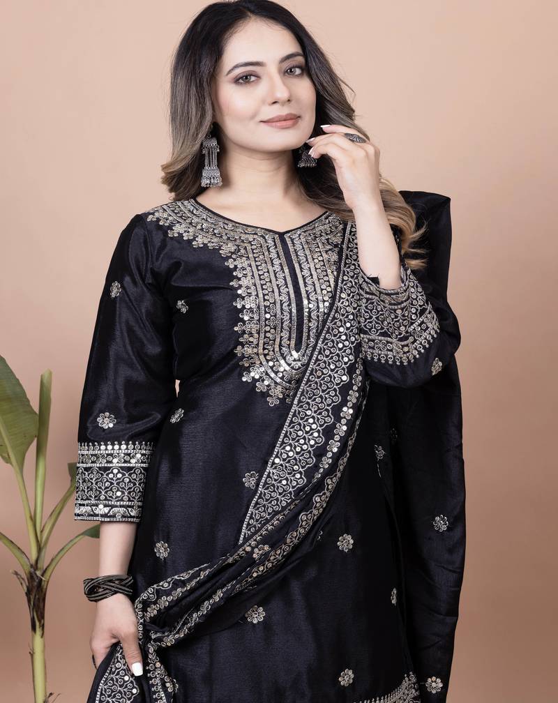 Black festive wear designer chinon sequence embroidery work readymade suit
