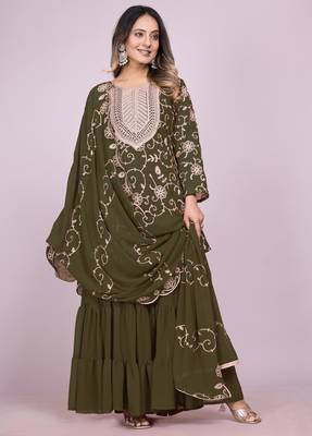 Mehendi green festive wear designer fox georgette embroidered work readymade suit 1