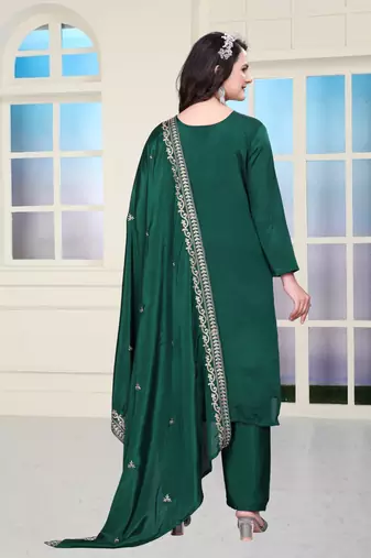 Green festive wear designer chinon coding sequence embroidery work readymade suit