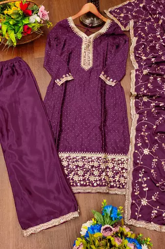 Purple festive wear designer chinon sequence embroidery work & stone work readymade suit