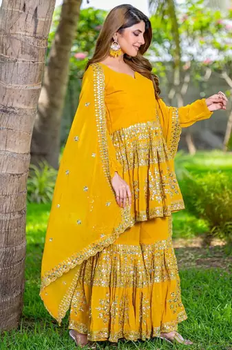 Mustard festive wear designer heavy fox georgette   readymade suit
