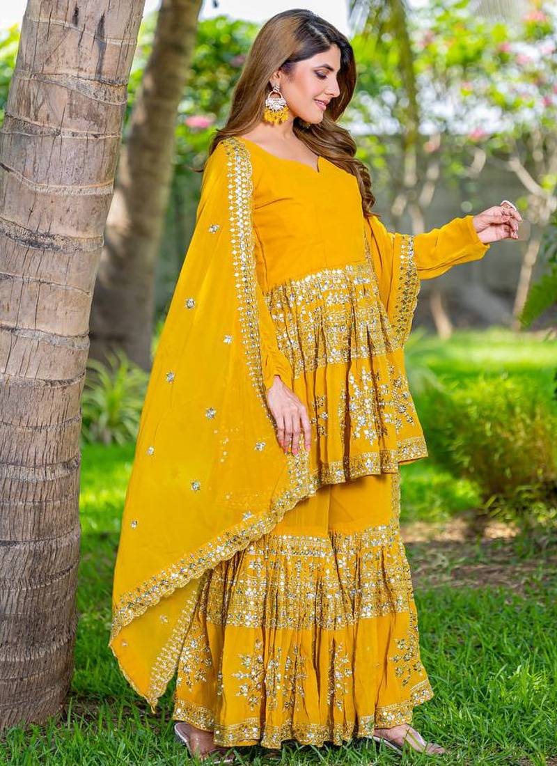 Mustard festive wear designer heavy fox georgette   readymade suit
