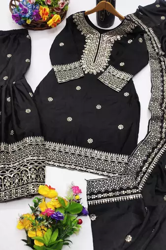 Black festive wear designer chinon sequence embroidery work readymade suit