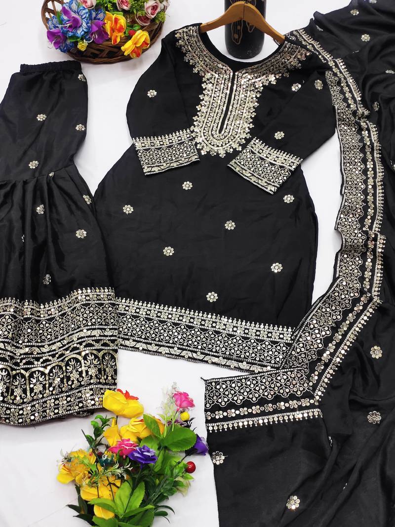 Black festive wear designer chinon sequence embroidery work readymade suit