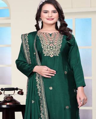 Green festive wear designer chinon coding sequence embroidery work readymade suit 4