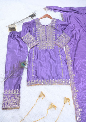 Lavender festive wear designer chinon heavy embroidery sequence work readymade suit 4