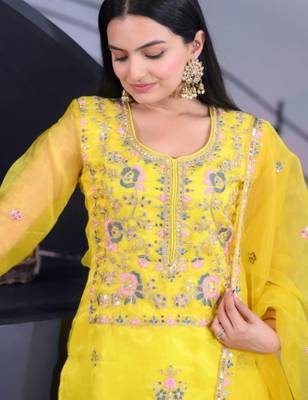 Yellow festive wear designer organza heavy embroidery sequence work readymade suit 3