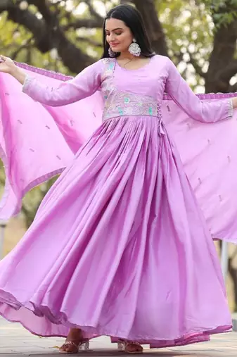 Lavender festive wear designer pure chinon heavy sequence embroidery work readymade suit