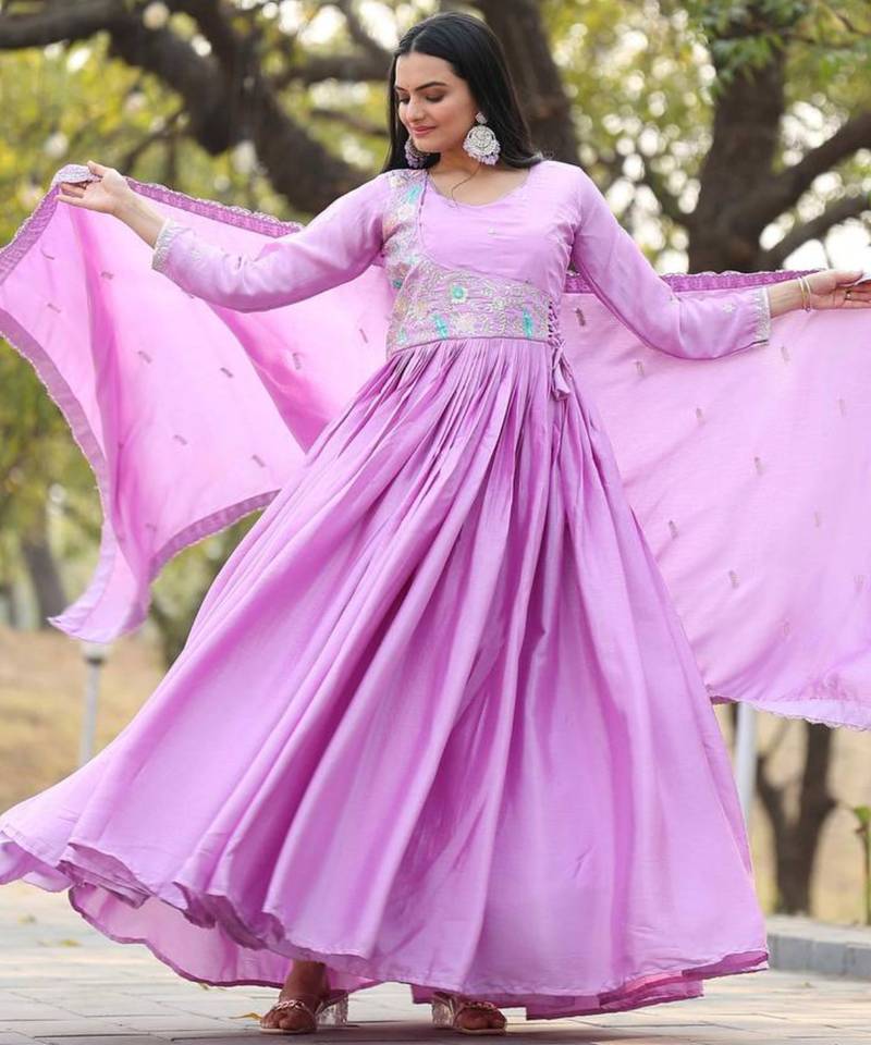 Lavender festive wear designer pure chinon heavy sequence embroidery work readymade suit