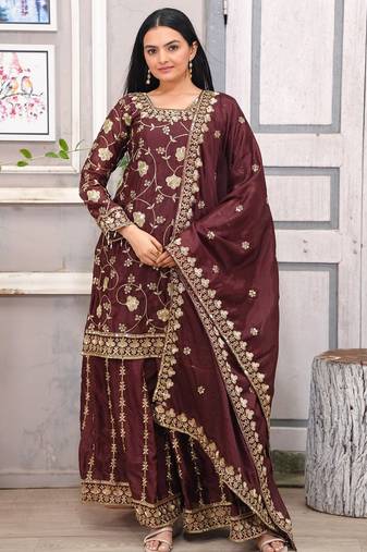 Dark brown festive wear designer chinon  readymade suit
