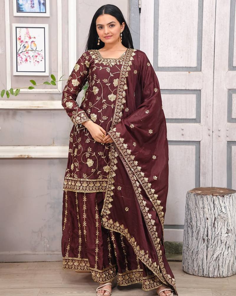Dark brown festive wear designer chinon  readymade suit