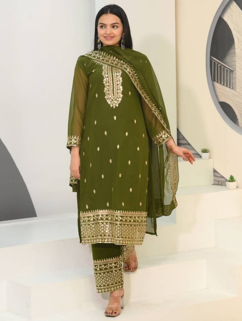Mehndi green festive wear designer  fox georgette heavy embroidery sequence work readymade suit
