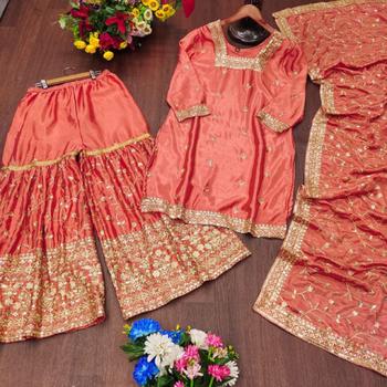 Orange festive wear designer chinon  heavy embroidery sequence work readymade suit 4