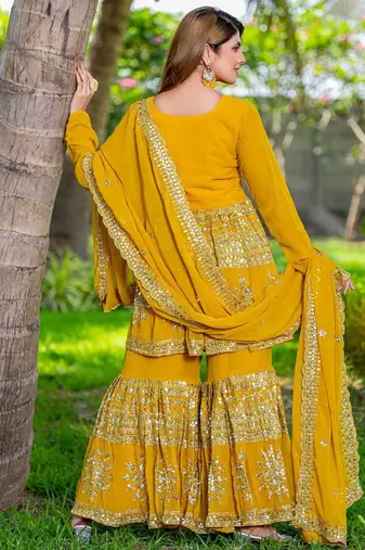 Mustard festive wear designer heavy fox georgette   readymade suit