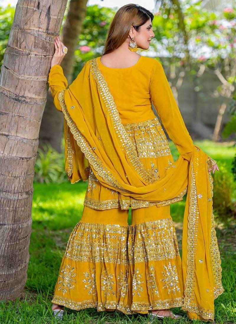 Mustard festive wear designer heavy fox georgette   readymade suit
