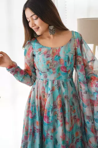 Multi festive wear designer heavy pure soft tabby organza silk flower print work readymade suit