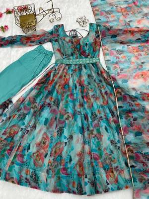 Multi festive wear designer heavy pure soft tabby organza silk flower print work readymade suit 4