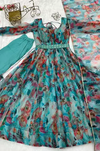 Multi festive wear designer heavy pure soft tabby organza silk flower print work readymade suit