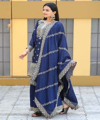 Navy blue festive wear designer chinon  heavy embroidery sequence work readymade suit 2