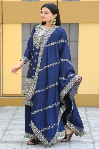 Navy blue festive wear designer chinon  heavy embroidery sequence work readymade suit