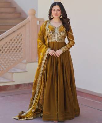 Mehendi green festive wear designer fendy zari & sequence embroidered work readymade suit 1