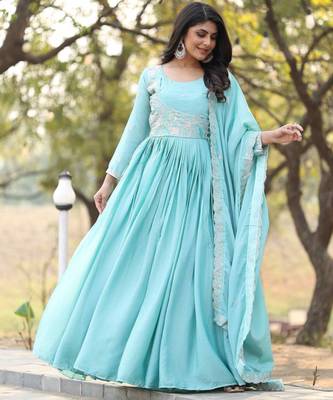 Sky blue festive wear designer pure chinon heavy sequence embroidery work readymade suit 1