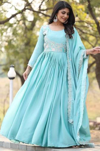 Sky blue festive wear designer pure chinon heavy sequence embroidery work readymade suit