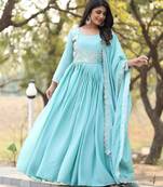 Sky blue festive wear designer pure chinon heavy sequence embroidery work readymade suit