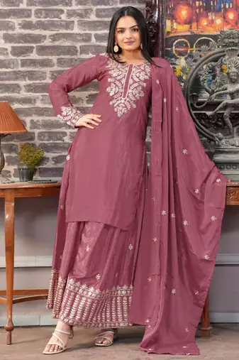 Mauve festive wear designer chinon sequence embroidery work readymade suit