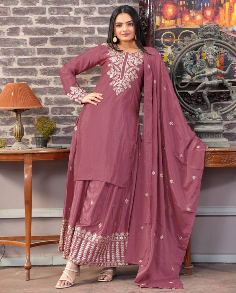 Mauve festive wear designer chinon sequence embroidery work readymade suit