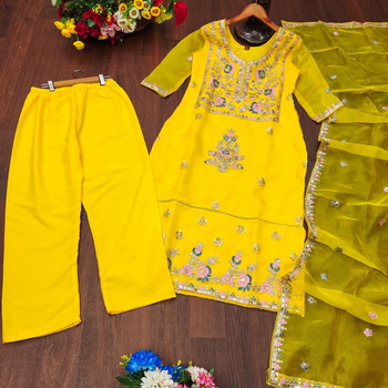 Yellow festive wear designer organza heavy embroidery sequence work readymade suit 4
