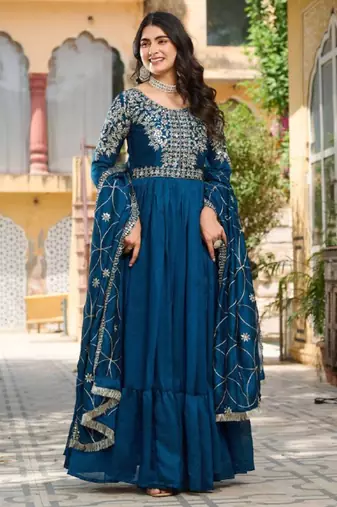 Teal festive wear designer pure vichitra silk heavy 7mm sequence embroidery work readymade suit