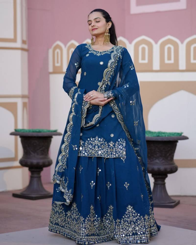 Blue festive wear designer fox georgette  readymade suit