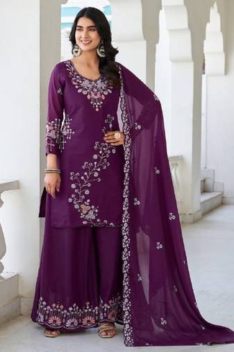 Wine festive wear designer star georgette sequence embroidery work readymade suit