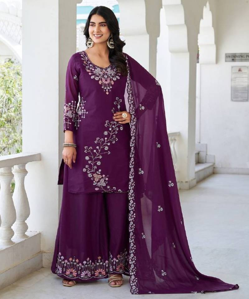 Wine festive wear designer star georgette sequence embroidery work readymade suit