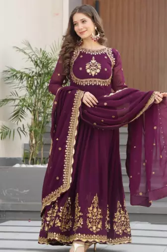 Wine festive wear designer faux blooming georgette zari thread & sequins embroidery work readymade suit