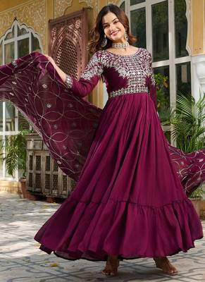 Wine festive wear designer pure vichitra silk heavy 7mm sequence embroidery work readymade suit 1