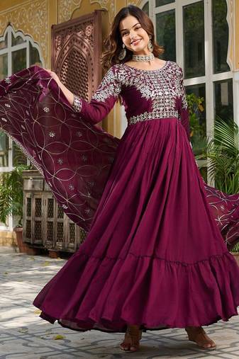 Wine festive wear designer pure vichitra silk heavy 7mm sequence embroidery work readymade suit