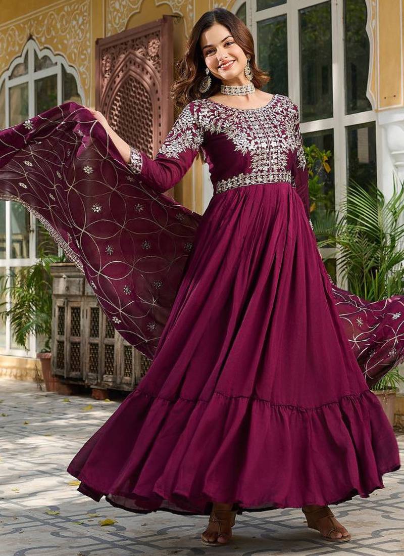 Wine festive wear designer pure vichitra silk heavy 7mm sequence embroidery work readymade suit